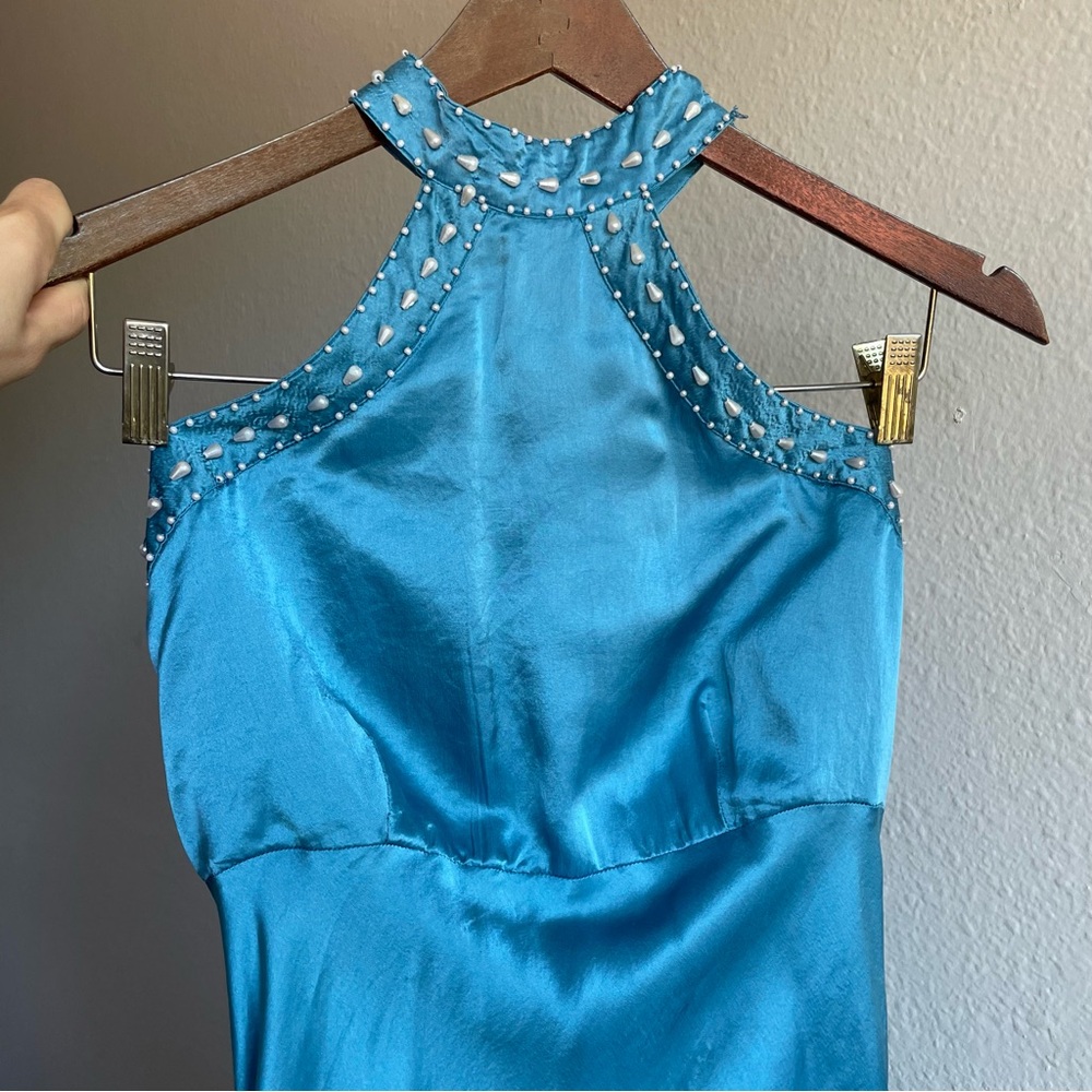 Y2K Angie Silk Beaded Teal High Low Dress